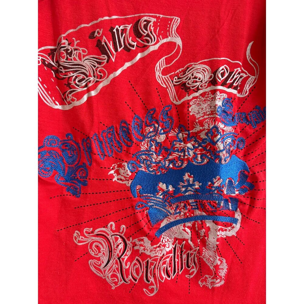Y2K McBling Graphic Baby Tee Red Rhinestone Crown V Neck Ruffle Club Rave Lion S - Picture 6 of 9